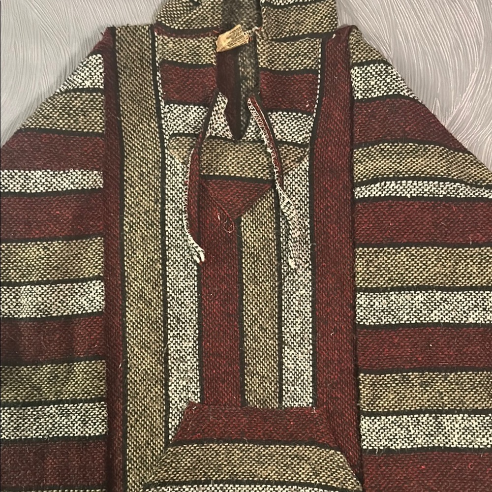 Vintage Striped Poncho - Red and Brown